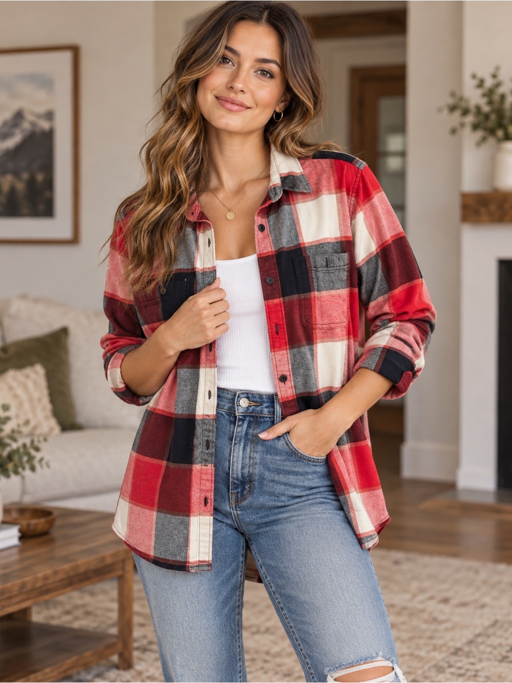 GAP Standard Fit Plaid Flannel Red & Black